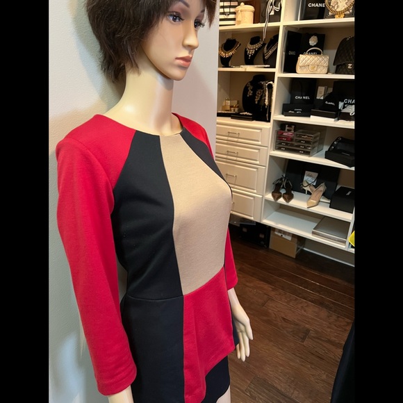 Chetta B Colorblock Red Black Beige Pencil Sheath Top Sz10 - Picture 4 of 9